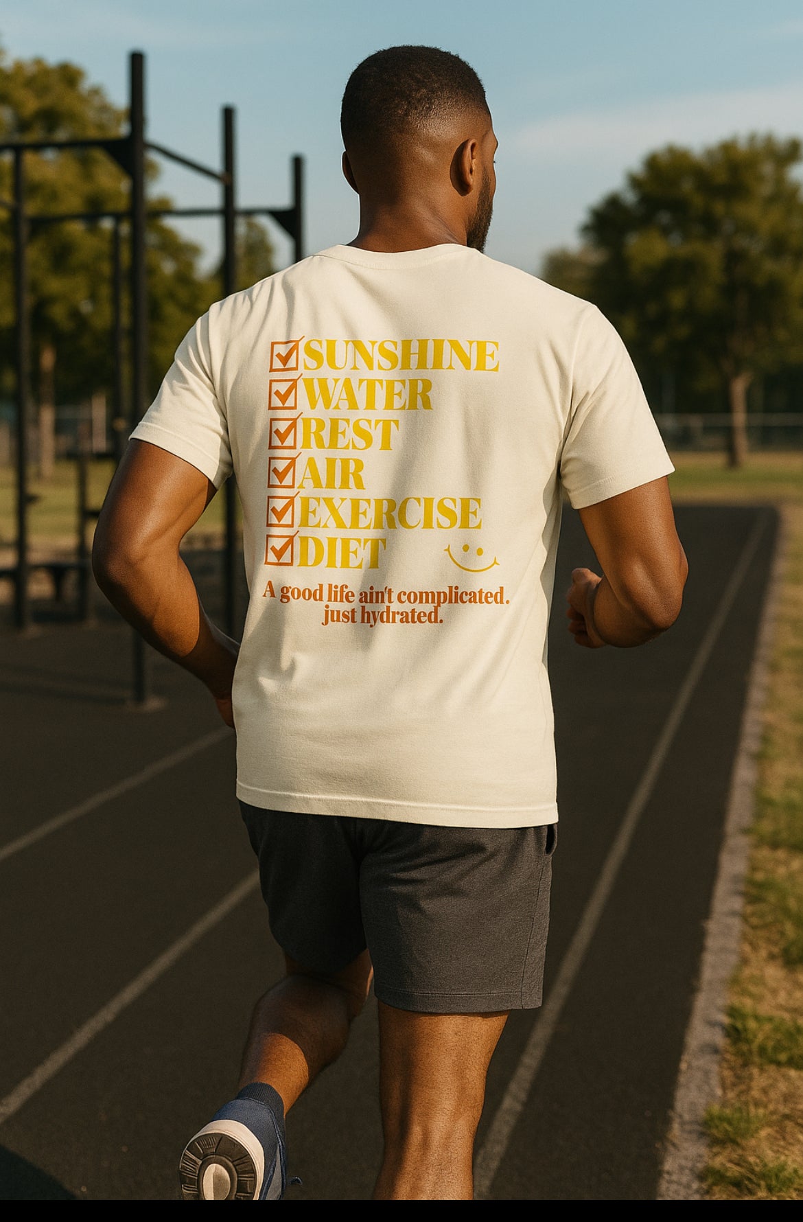 Simple Habits, Strong Life motivational Tee with 6 Essential element listed on the back