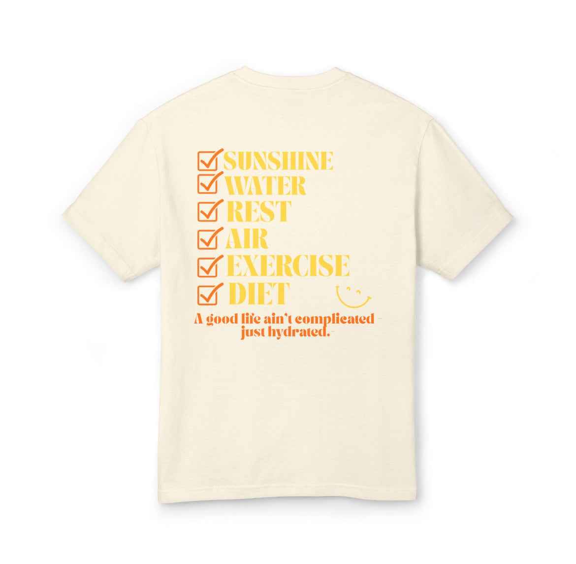 Simple Habits, Strong Life motivational Tee with 6 Essential element listed on the back