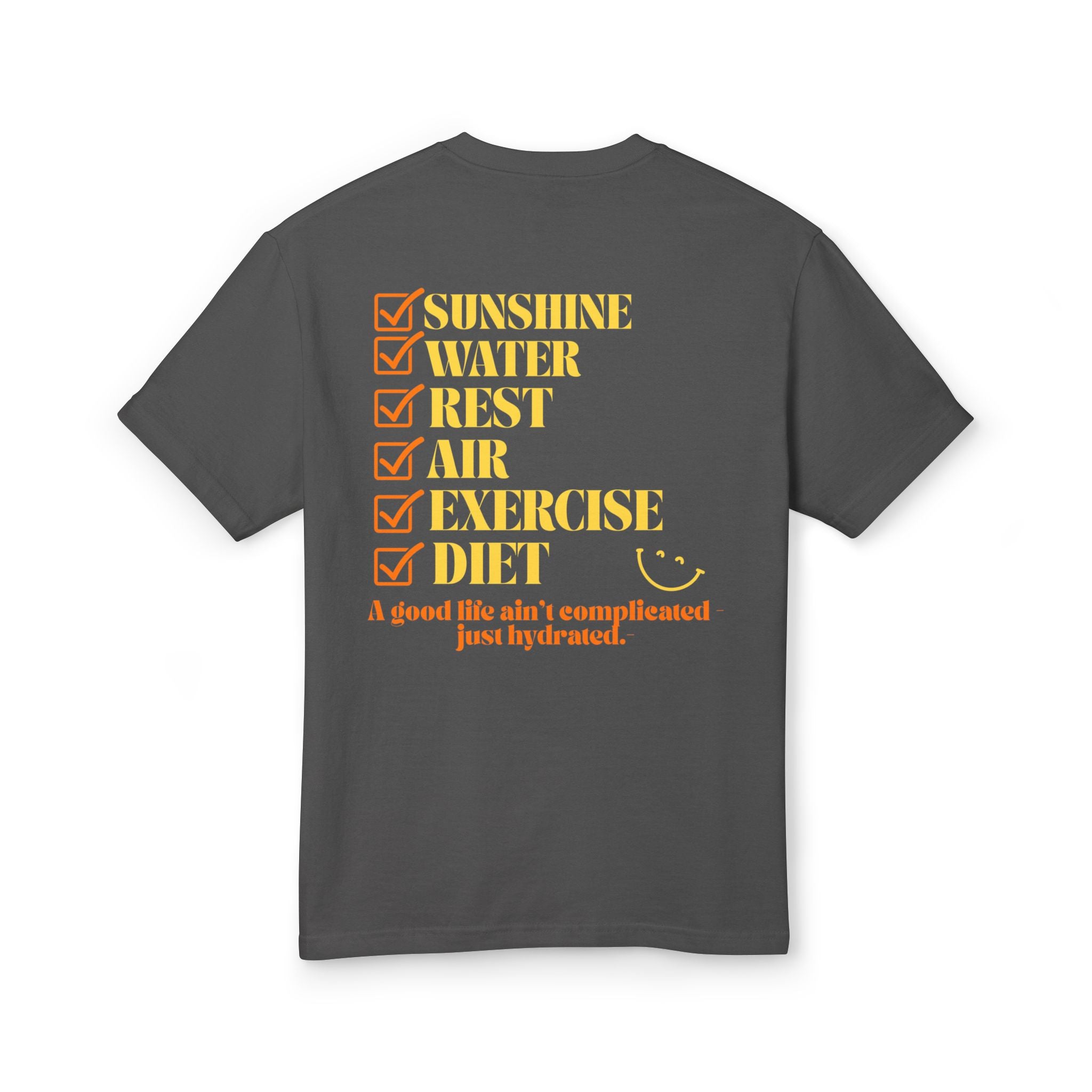 Simple Habits, Strong Life Tee with 6 Essential element listed