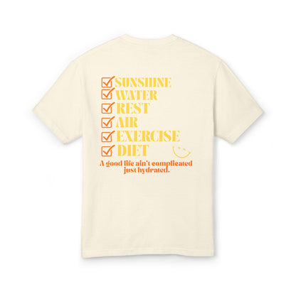 Simple Habits, Strong Life motivational Tee with 6 Essential element listed on the back